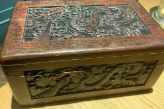 Antique Chinese Wooden Box With Dragon And Trees In Relief Late 19th Century ?