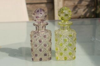 2 Pair Antique Bohemian Flash - Cut Glass Scent Bottle Victorian Green Amethyst