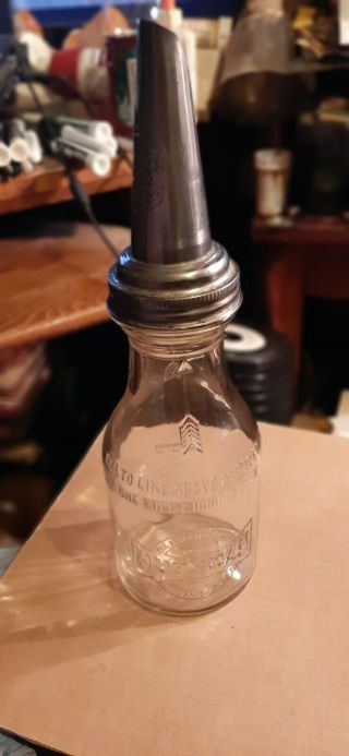 Antique 1920s Huffman 1 Quart Glass Motor Oil Bottle W/ Masters Co.  Spout