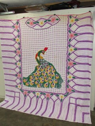 Vintage Purple Cotton Chenille Peacock Bedspread 85 X 90