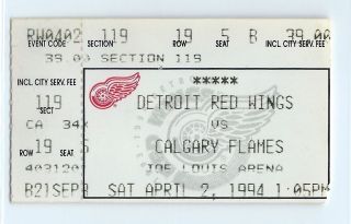 Nicklas Lidstrom 2 Assists Ticket Stub; Calgary Flames At Red Wings 4/2/1994