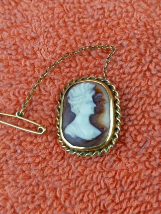 Antique 9ct Gold Cameo Brooch With Safety Chain