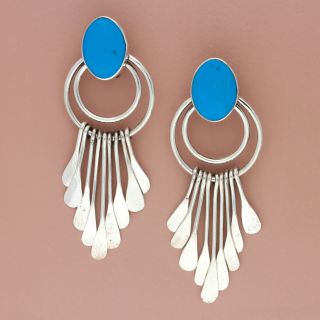 Vintage Sterling Silver Taxco Mexico Turquoise Fringe Clip - On Earrings