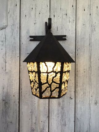 Vtg Peter Marsh Style Wrought Iron Rock Glass Porch Outdoor Lantern
