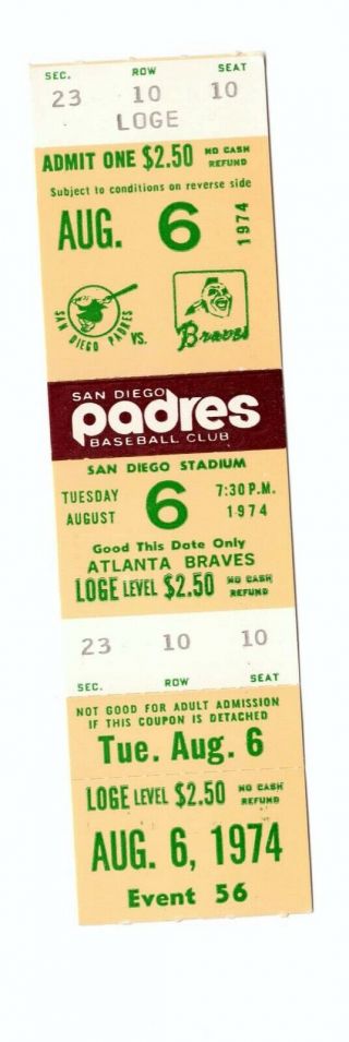 August 6,  1974 Padres V Atlanta Braves Ticket Hank Aaron Clouts 2 Homers