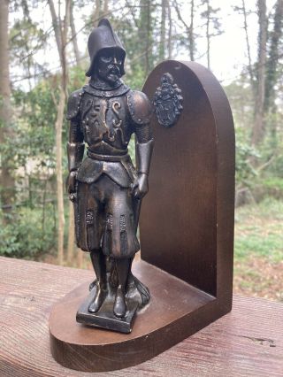 Rare Vintage Spanish Portuguese Soldier Conquistador Statue On Wood Base Bookend