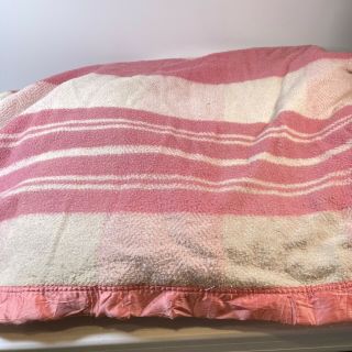 Vintage Acrylic Thermal Blanket Plaid Pink Beige Satin Trim Twin 66x160 Long