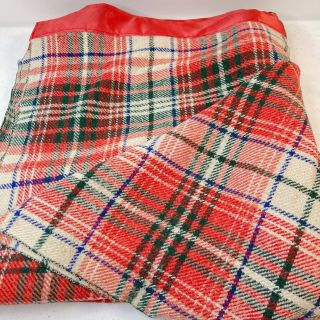 Vintage Thermal Blanket Red Plaid Satin Trim Twin 65x77 Feels Like Wool