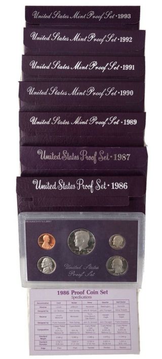 1986 - 1993 United States Proof Coin Set (1988 Coin Set Not)