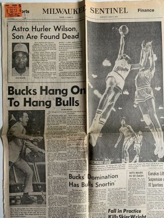 1/5/74 Chicago Bulls @ Milwaukee Bucks Ticket Stub Stapled To Newpapers.