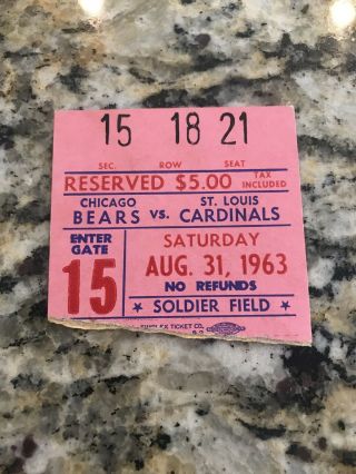 1963 Chicago Bears Vs Cardinals Ticket Stub.  8/31/63