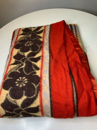 Vintage Acrylic Thermal Blanket Red Plaid Satin Trim Floral Full 70x70