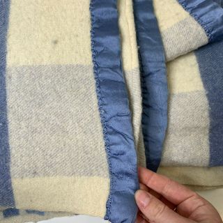 vintage wool thermal blue cream striped satin trim twin 60x70 2