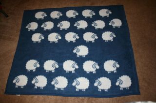 Vintage Biederlack Blue White Sheep Blanket Throw Made In Usa 56x48