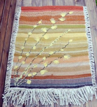 Vintage Swedish Mid Century Hand Woven Wool Tapestry Wall Hanging Rustic Design