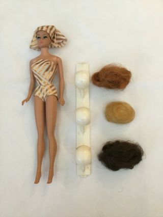 Vintage 1963 Mattel Fashion Queen Barbie - With Outfit & 3 Wigs W/ Stand