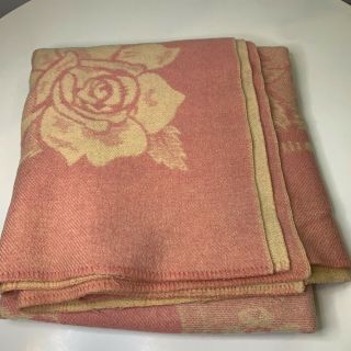 Vintage Wool Thermal Blanket Satin Trim Bedding Pink Roses Cream Floral Full