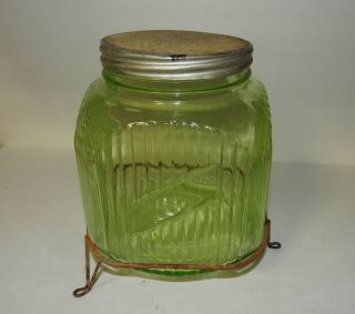 Antique Hoosier Style Cabinet Canister Or Jar: Square,  Green Vaseline Glass?