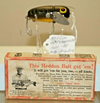 Vintage 1940s Heddon Crazy Crawler Wood Fishing Lure Box Frog Crankbait