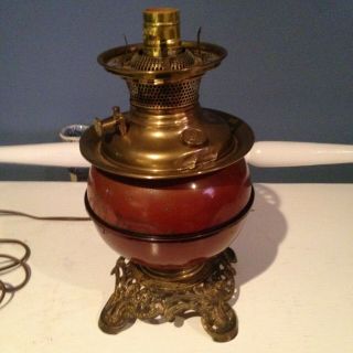 Antique Converted B&h - Bradley Hubbard Oil Desk Lamp Brass & Cast Iron Base