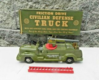 Marx Civil Defense Military Friction Drive Fire Truck W Anti Aircraft Gun Boxed