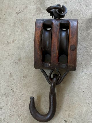 Large 17” Long Antique Wood Iron Barn Double Pulley Block Tackle Vintage Farm