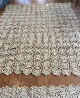 Vintage Beige Hand Crochet Bed Cover 90” X 83” With Matching Runner 60” X 13 1/2