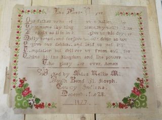 Antique 1877 Stitched Sampler - " The Lords Prayer " Mellie Miller - Unframed Large.