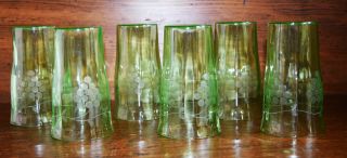Set Of 6 Antique Vintage Green Depression Glass Tumblers Grapes & Vines Pattern