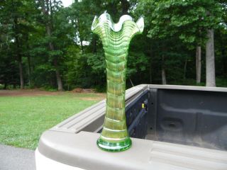 Antique Turn Of The Century Green Imperial Ripple Carnival Glass Vase 8 - In