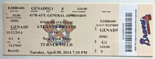 2014 York Mets Vs Atlanta Braves Ticket Stub 4/8/14 Opening Day