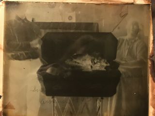 Antique Glass Plate Negative 4”x5” Post Mortem Deceased Baby Girl In Casket