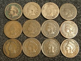 12 Indian Head Cents 1860 1861 1863 1864 1873 1875 1883 1884 1894 1895 1903 1909