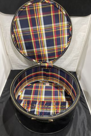 Vintage Lark Droutman Ny 16” Round Black Hat Box Suitcase Case Plaid Interior