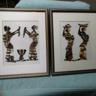 2 Vintage Butterfly Wing Indigenous Art African Art Pictures Framed Ladies Lady