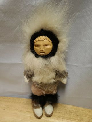 Vintage Anac Inuit Alaskan Eskimo Doll Real Fur Leather Hand Wood Face 12 "
