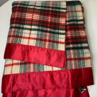 Vintage Wool Thermal Blanket Satin Trim Bedding Plaid Red Lady Seymour Full
