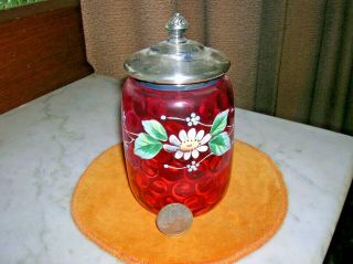 Antique Cranberry Glass Bulbous Pickle Castor Insert Floral Decorated Xc 59.  99