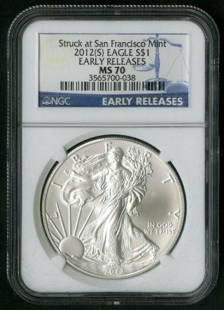 Us Coin 2012 S $1 Ase Silver Eagle Ncg Ms70