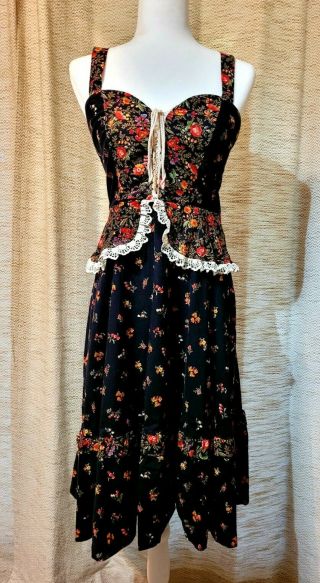 Gunne Style Corset Peasant Cottagecore Sundress Hippie Boho 70s 80s Floral Black