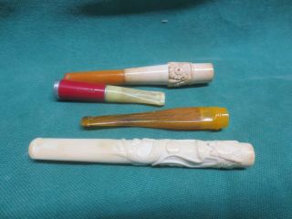 4 Vtg/antique Amber & Carved Meerschaum Cigarette Or Cheroot Holders