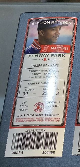 2011 Pedro Martinez Boston Red Sox Ticket Stub Tampa Bay Rays April 11