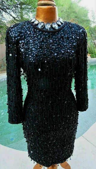 Vintage 1980s Et Al Sequin Beaded Embellished Black Dress Size 8 Long Slvs Euc