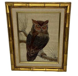 Vintage Reverse Glass Painting Owl Matted Framed Elizabeth Hayes 1983