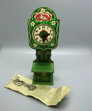 Vintage Miniature Grandfather Clock Heco Germany Wooden Hand Painted 8.  5 " Tall