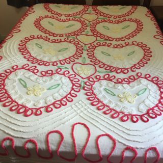 Vintage Chenille Bedspread Full Queen Light Weight Heart Red Yellow Green T2