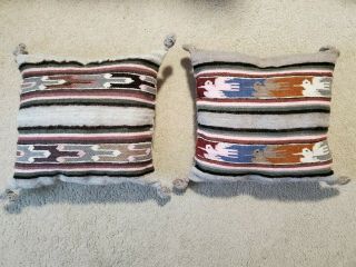 Pair 2 Vintage Southwestern Native American Handmade Grey Wool Throw Pillows
