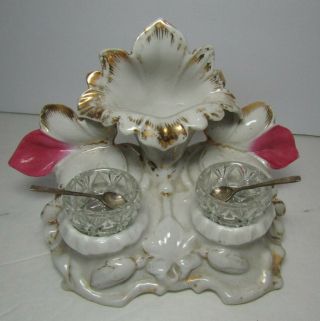 Antique Limoges? Porcelain White Pink & Gold Master & 2 Glass Salts W/spoons