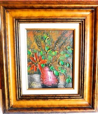 Vintage Oil Painting Flowers In Vase Signed With Wood Frame
