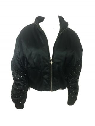 Vintage Parasuco Bomber Jacket M/l Studded Quilted Satin Black 90s Hip Hop